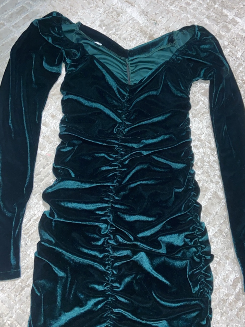 Green Velvet Ruched Long Sleeve Dress